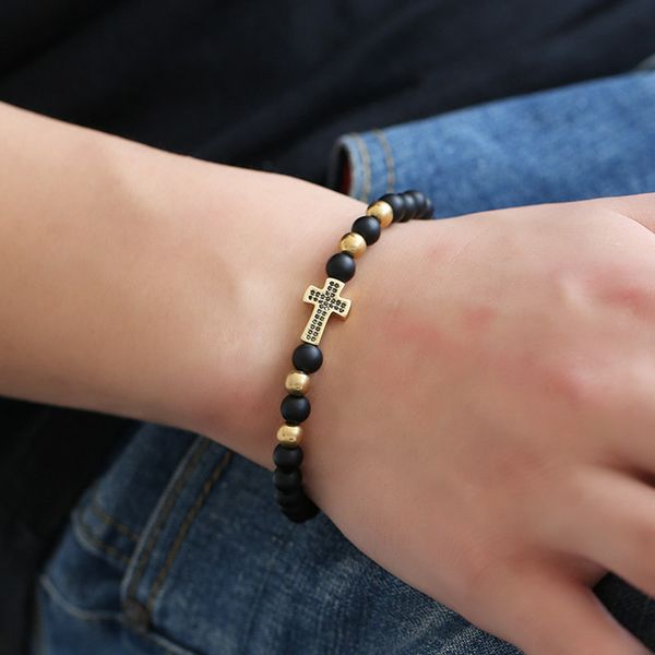 

fashion 6mm frosted stone zircon cross bracelets copper beads natural stone yoga bracelets & bangles for friend gift, Black