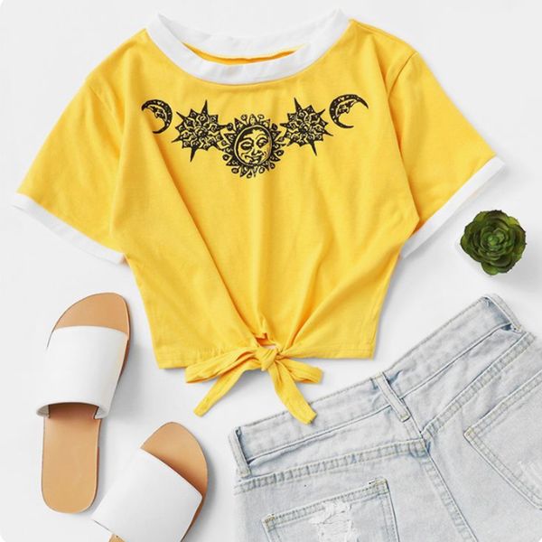 

black yellow short tee sun print contrast trim tie front t-shirt women summer o-neck short sleeve t shirt female clothes, White