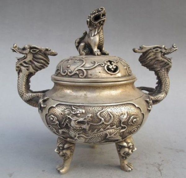 Bruciatore di incenso drago in bronzo argento coperchio leone con dinastia Ming Xuan De Mark