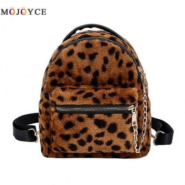 

leopard winter plush chain women backpack travel rucksack girls students super mini backpack mochilas mujer 2018