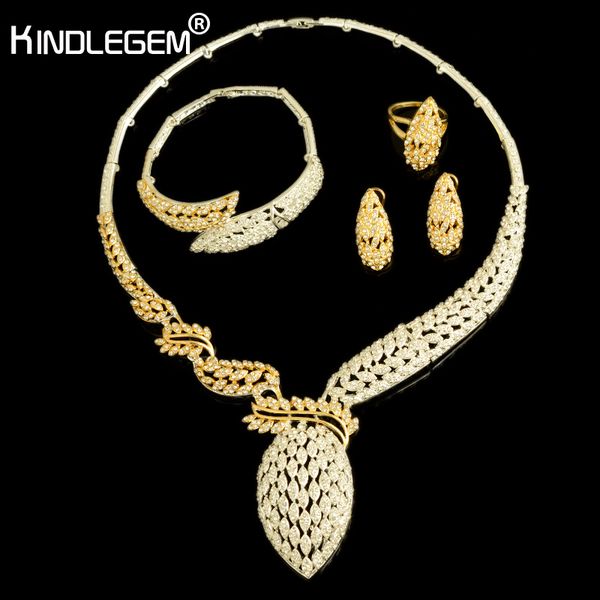 

kindlegem 2018 luxury sparkling full rhinestone zircon necklace earrings bracelet ring for women dubai african jewelry set, Slivery;golden