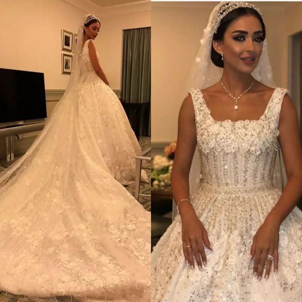 

luxurious wedding dress square neck major beading appliques sequins wedding dresses back lace up custom made country bridal gowns, White