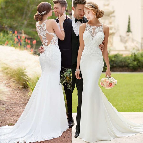 

Elegant mermaid wedding dre e 2019 heer neck applique lace tulle plu ize wedding dre e weep train bridal gown illu ion back