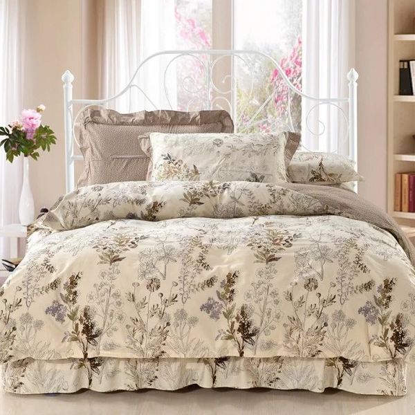 

4pcs grey flowers bedding sets 100% coon(1 duvet cover+1 bed skirt+2 pillowcase)twin/single double/full  king bedclothes