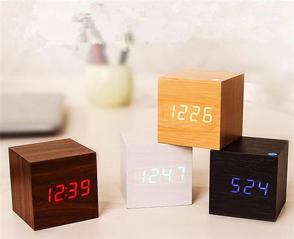 

50pcs modern wooden wood digital led desk alarm clock thermometer timer calendar red led digital alarm creative home decor gift g350