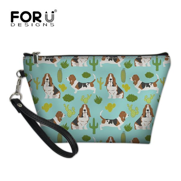 

forudesigns women cosmetic bag travel makeup bags basset hound cactus dog tropical trendy design plants organizer toiletry kit