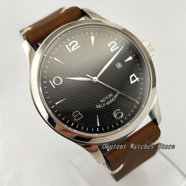 

42mm corgeut ss. case date black dial sapphire 21 jewels miyota automatic men's watch, Slivery;brown