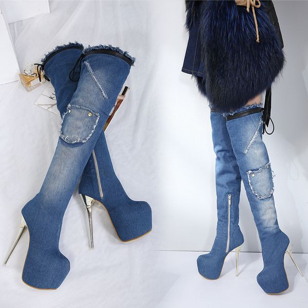 

denim heels women winter boots warm shoes woman 2018 over-the-knee boots thin heels high platform motorcycle botas, Black