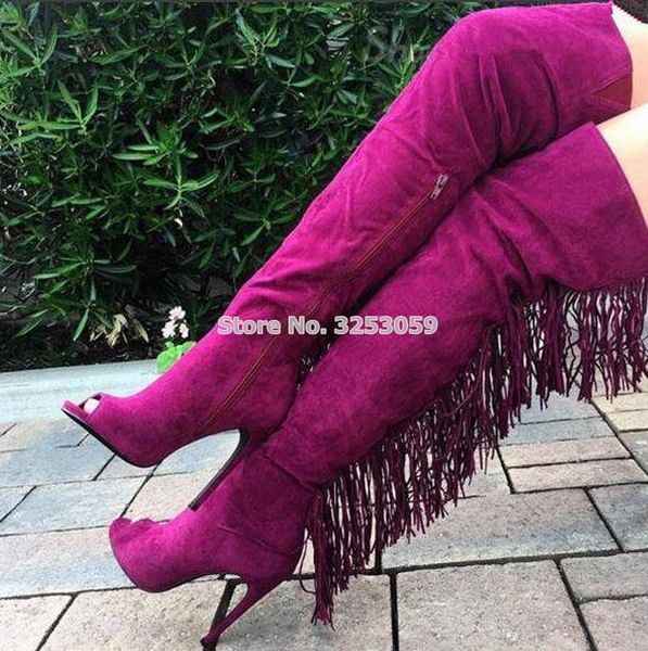

almudena women chic fuchsia brown blue black suede long fringe boots stiletto heels over-the-knee nightclub tassel boots