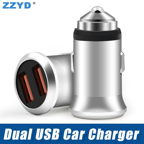 

zzyd metal dual usb car charger 5v 2.4a portable universal cellphone charging for ip 6 7 8 samsung s8 phone