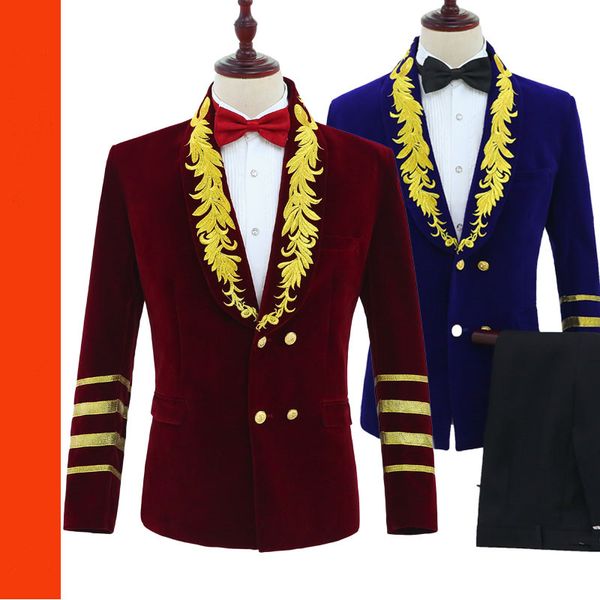 

new fashion embroider suit slim fit tuxedos stage costume groomsmen made suit host costume wedding men's bridegroom jacket+pants, White;black