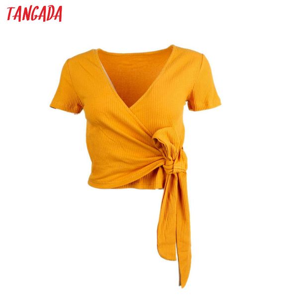

tangada woman chic deep v cross crop knitted t shirt short sleeve lace up tees blusas club for female summe 2b15, White