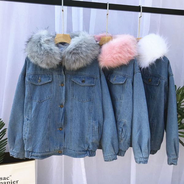 

autumn winter fur hooded denim jacket women plus velvet warm thicken jeans jacket coat casual chaquetas mujer denim z67, Black;brown