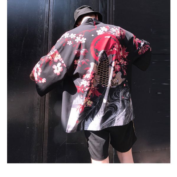 

Цветочные кимоно кардиган мужчины длинные Карп и вишня печати кимоно кардиган му