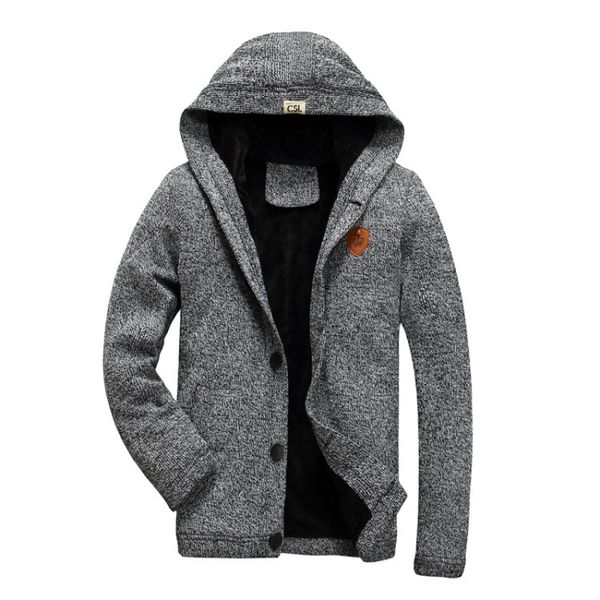 

men warm cardigan fall and winter plus thick velvet hooded cardigan sweater plus velvet hooded cardigan solid color sweater button men, Black