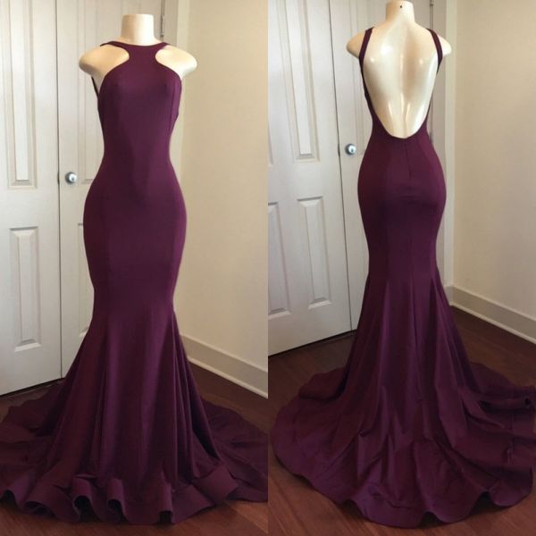 Simples roxo sereia vestido de noite 2018 de alta qualidade cetim elástico sem costas varrer trem vestidos formais baratos vestidos de festa de formatura