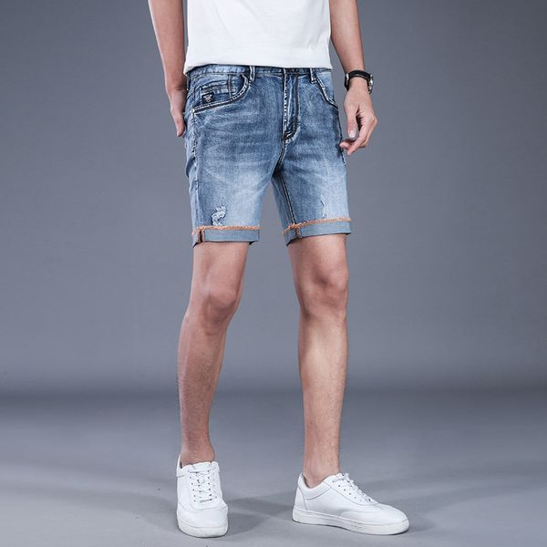 

mens breathable high stretch denim shorts male summer ripped hole casual jeans shorts distressed straight short aa11492, White;black