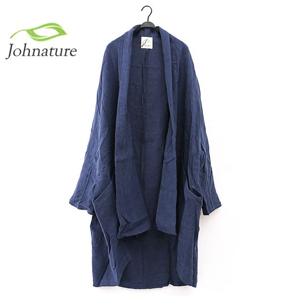 

johnature 2018 new women cotton linen retro original vintage plus size maxi long sleeve cardigan leisure loose long trench coat, Tan;black