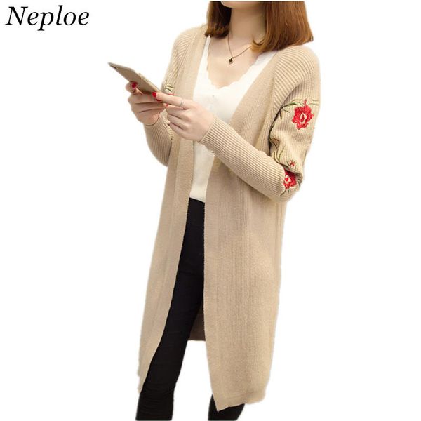 

neploe casual sweater cardigan autumn women v-neck coat 2018 foral embroidery long sleeve knitwear long knitting cardigan 34028, White;black
