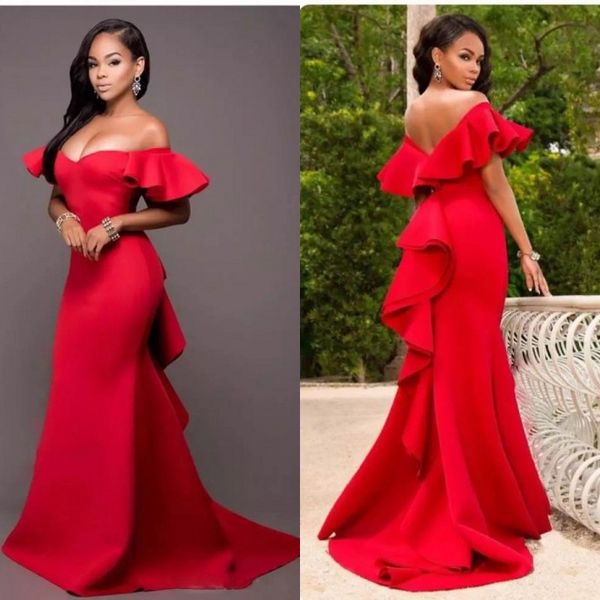 

2019 gorgeous red long prom dresses mermaid style off the shoulder neckline ruffles sleeves court train formal evening gowns, Black