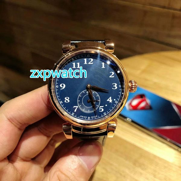 modas de alta qualidade Mens Watch Blue Rose Dial ouro caso 41MM com calendário Black Leather Strap automática mecânica cristal de safira