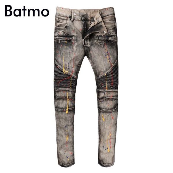 

batmo 2018 new arrival high street pleated casual jeans men,men's denim skinny pants,men's fashion holes jeans a980, Blue