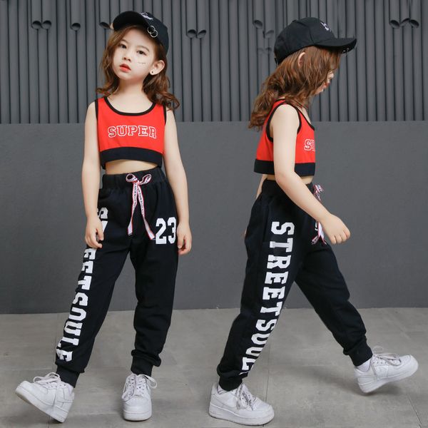 

ballroom dance clothing girls hip hop costumes kids loose pants soft crop stage performance costumes fashion dancing vest, Black;red