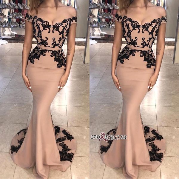 

champagne mermaid prom dresses long 2018 off shoulder black applique lace floor length formal dresses evening gowns robes de bal