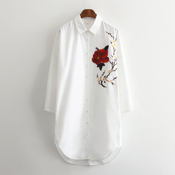 

tze43 european and american fashion wind rose embroidery with long and loose shirts, White