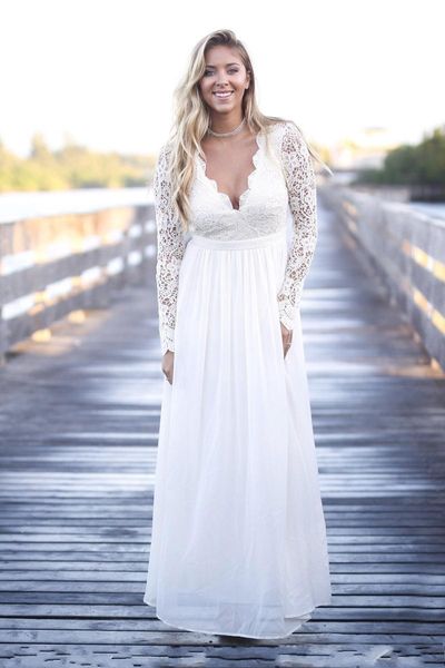 Abiti da sposa in chiffon taglie forti economici scollo a V a-line lunghezza del pavimento con maniche lunghe spiaggia Boho abiti da sposa senza schienale paese DH39