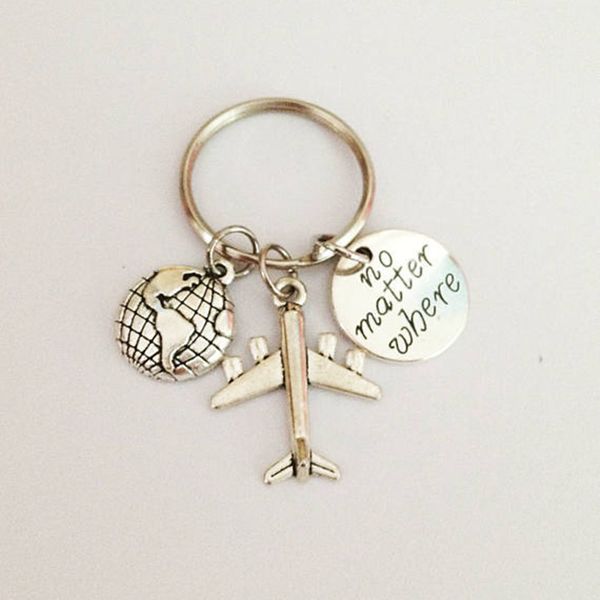 

yamily 12pcs/lot no matter where keychain antique silver aircraft globe charm pendant key ring traveler jewelry gift