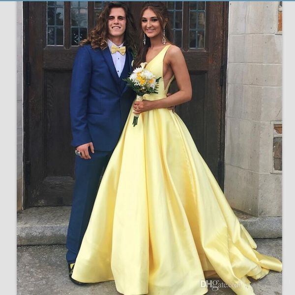 

yellow 2020 prom dresses a line v neck silk sation formal evening gowns sleeveless sweep train long girls party dress