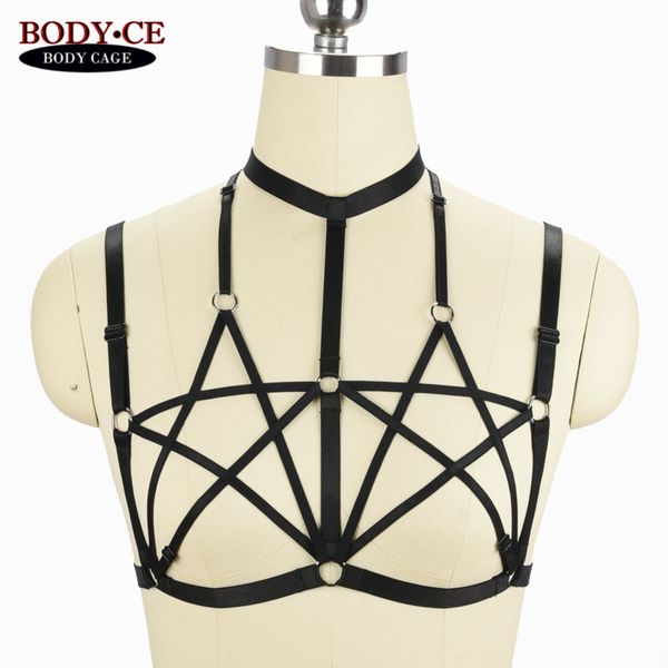 

pentagram harness goth women bondage body cage lingerie elastic adjust strappy bra fetish erotic burlesque garter belt, Black;white