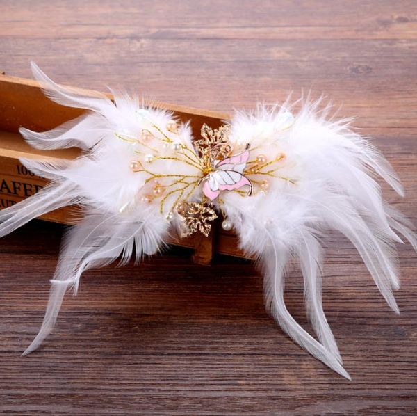 

bride handmade feather butterfly headgear, white hand hairpin wedding dress accessories accessories, Silver