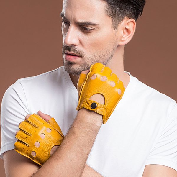 

new arrival mens genuine leather gloves unlined sheepskin half finger driving gloves fingerless male mittens, Blue;gray