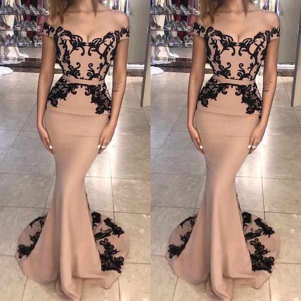 

Off Shoulder Black Applique Long Mermaid Prom Dresses 2018 Sexy Backless Evening Wear Evening Gowns Custom Made