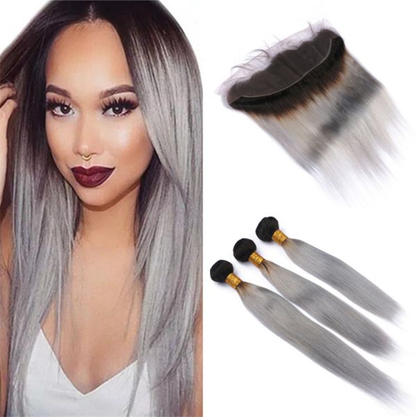 Acheter Noir Au Gris Ombre Brésilien Bundles Cheveux Avec Fermeture Frontal 2 Tone 1b Gris Ombre Droite De Lhomme Tissages Cheveux Avec Dentelle