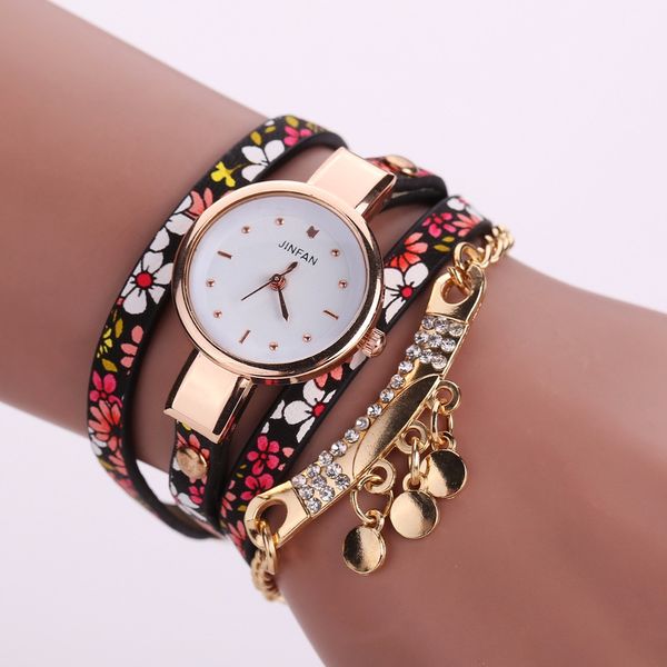 

женская мода кварцевые наручные часы кожаные браслеты boho красочные цветок wrap браслеты шарм золото металлические блестки браслет ювелирны, Golden;silver