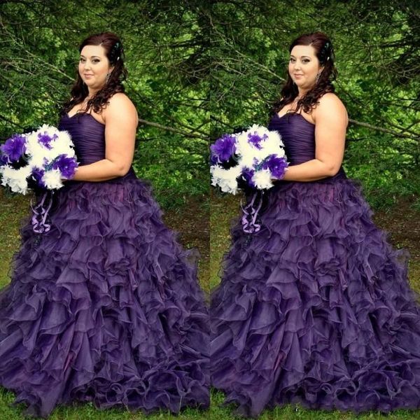 

grape purple plus size wedding dresses sweetheart ruffles organza a line tiered skirt bridal gowns sweep train custom size, White