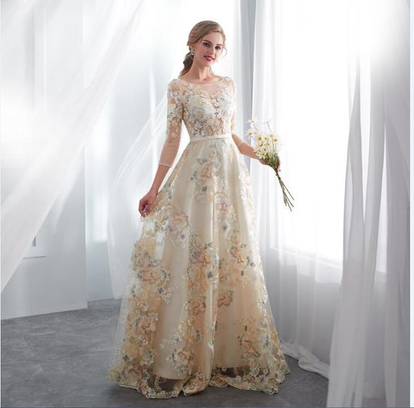 

2018 new style a-line in stock colorful wedding bridal gowns scoop neck lace 3/4 sleeves wedding gowns fairy floor length bridal dress 30660, White