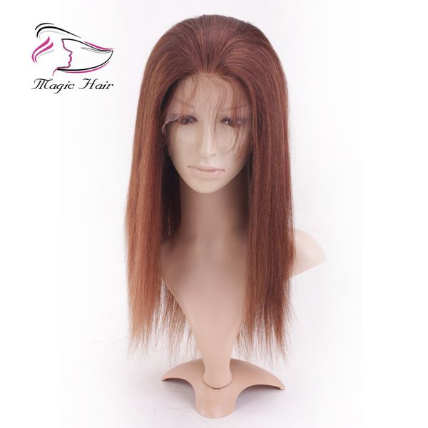 

evermagic human hair wigs brazilian virgin hair pre-plucked hairline yaki straight color 4# full lace wigs lace front wigs for black women, Black;brown