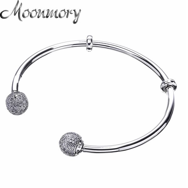 

whole salemoonmory moments silver open bangle with pave caps s925 sterling silver bead bracelet with clear zircon for woman diy jewelry, Black