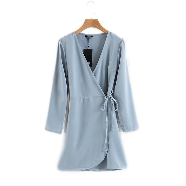 

casual womens chiffon dress v-neck long sleeve waist drawstring cascade hem solid elegant womens dresses 2018 new fashion, Black;gray