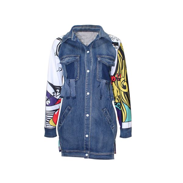 

Polyester Spring Autumn Women Jeans Jacket Casual Streetwear Print Coats Casual Outerwear Jackets Vintage Denim Jacket New