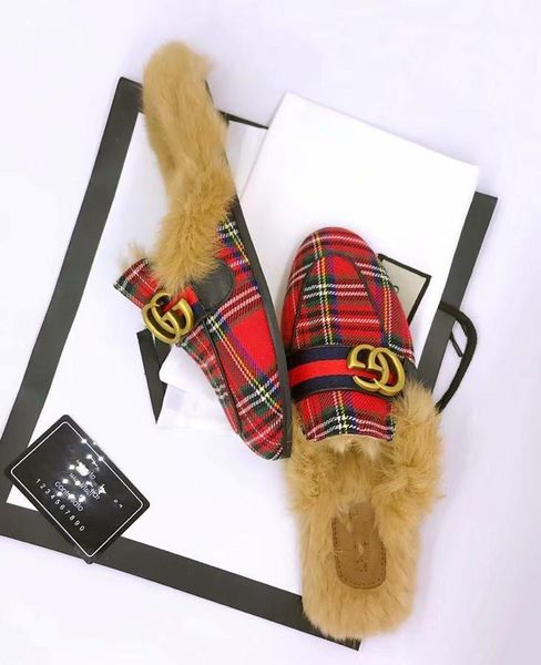 

G 2018 Autumn Bursting Women Lovers Style Flat Bottomed Casual Slippers Rabbit's Hair Red Stripe High Quality Ladies Fashion Shoes