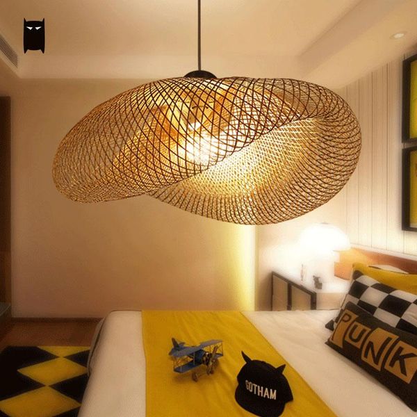 Bamboo Wicker Rattan Wave Shade Pendant Light Fixture Rustic Vintage Japanese Lamp Suspension Home Indoor Dining Table Room Glass Pendant Light Shades