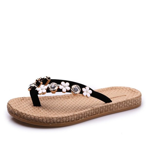 

summer cool slippers flowers rhinestone flip flops non-slip wear-resistant beach shoes, Black