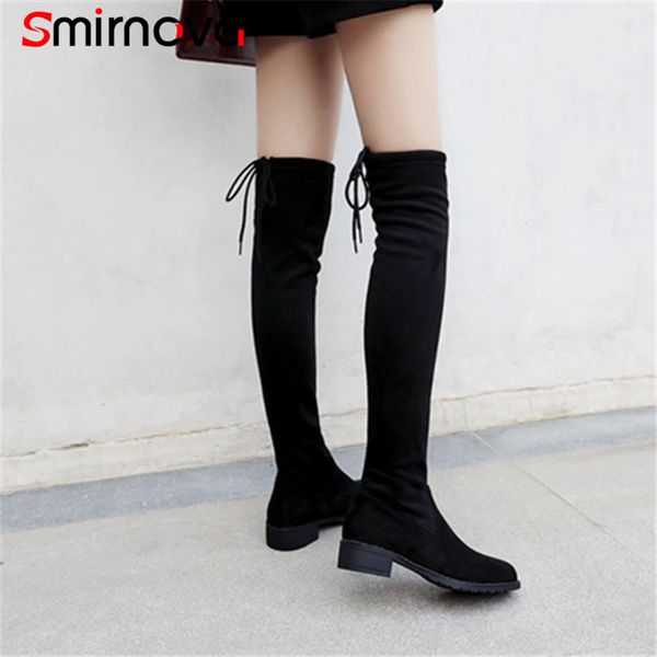 

smirnova new arrive 2018 casual low heel over the knee boots bowtie flock woman long boots winter thigh high ladies, Black