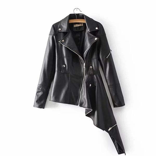 

ewq] new autumn 2018 fashion lapel long sleeve zippers pocket split joint irregular dovetail pu leather women coat aa118, Black