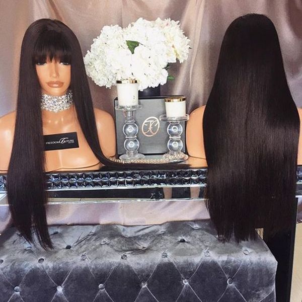 Synthetic Glueless Front Lace Long Straight With Bangs Fringe Hair Lace Wig Black Brown Blonde Stock Hair Weaving Clearance Wigs From Cheaplacewigs